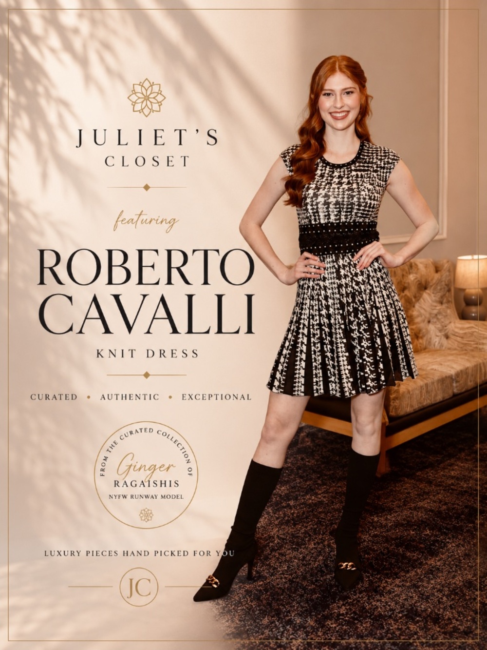 Roberto Cavalli Houndstooth Flared Dress | Black & White Metallic | Size 38